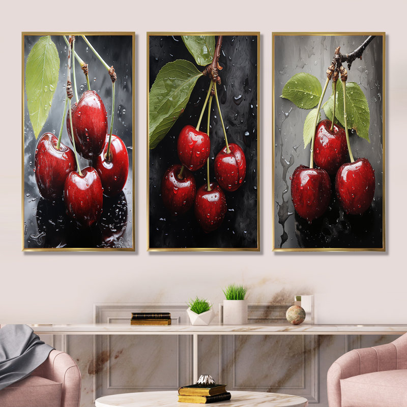 Charbon gris cerise Chaplin fruits - fruits, ensemble de 4 reproductions d'art mural, Cadre flottant doré, H 32 po x l 48 po