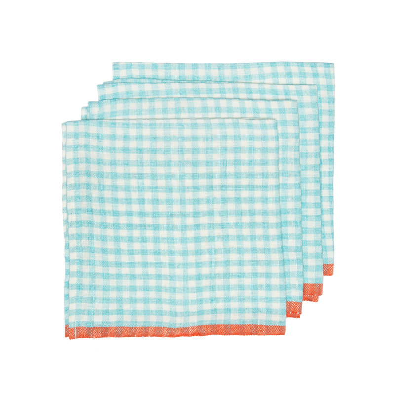 Linen Gingham Square Napkin, Aqua/Orange