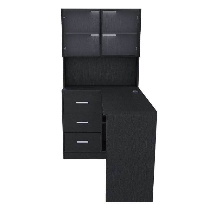 Computer Desk With Glass Cabinets & Built-In LED Lights, Corner L-Shaped Office Desk With USB Charging Ports, Keyboard Tray, Ergonomic Design For Home And Corporate Workspaces(Black)