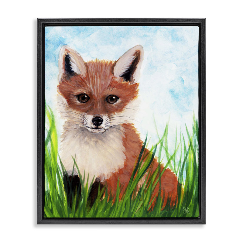 «Baby Fox in Grass Floater», art mural par Sarah Waldron Kimball, H 21 po x l 17 po, Cadre flottant noir de jais