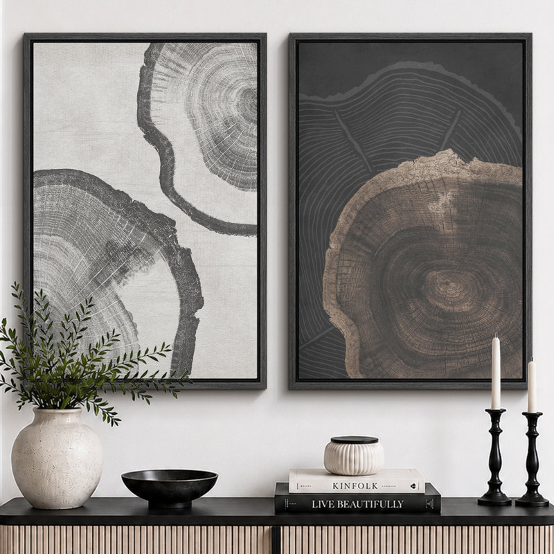 «Tree Ring», souche de bois gris, œuvre d'art neutre, photos de cabane de ferme rustique, ensemble de 2 impressions sur toile encadrées, 16 x 24 x 2, 24 x 36 x 2