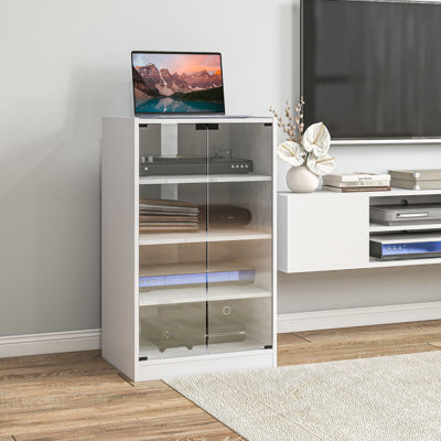 4 Audio Cabinet, Modern With Adjustable Shelves & Tempered Glass Doors, Cable Managed, Fresh Distressed White Media Shelf, Shelves, Management For Players And Recorders