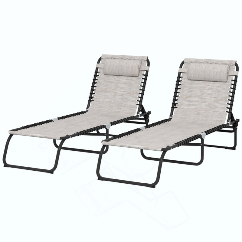Folding Chaise Lounge Pool Chair Set Of 2, Patio Sun Chair, Outdoor Lounge Chair With 4-Position Reclining Back, Breathable Mesh Seat For Beach, Yard, Patio, Cream