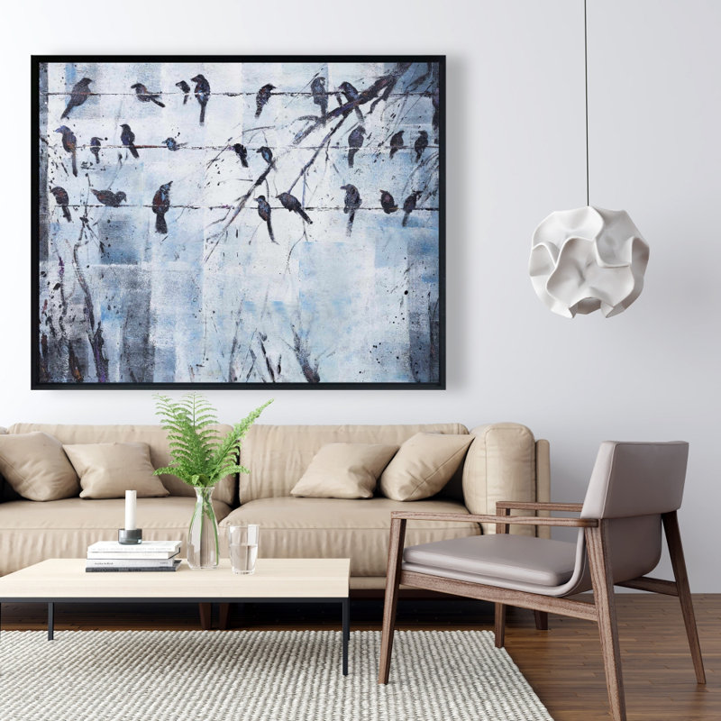Oiseaux abstraits sur fil électrique - Toile encadrée bleue moderne, H 49,25 po x l 61,25 po