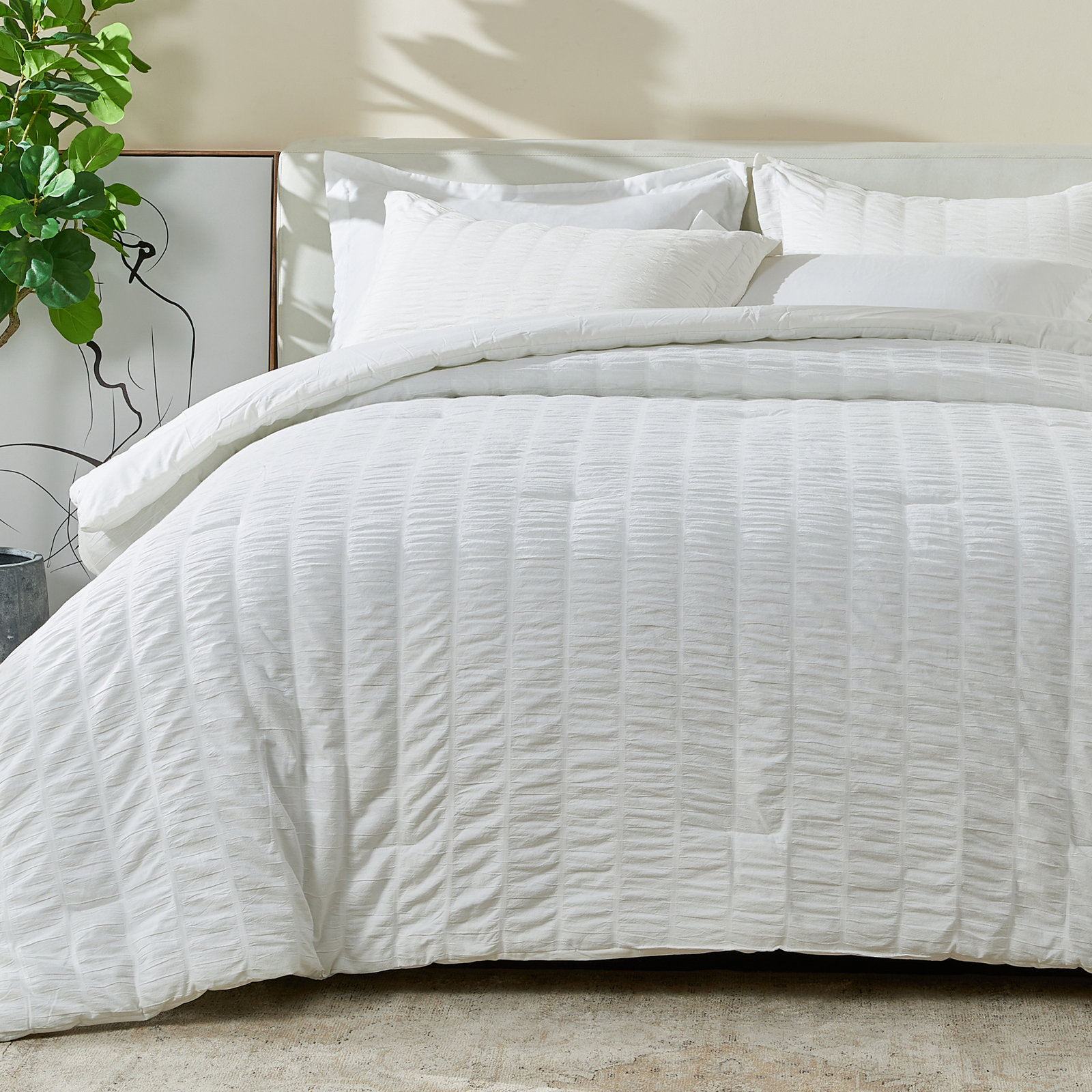100% Cotton Puckered 3 Pc Reversible Comforter Set with Shams, Fresh White, King