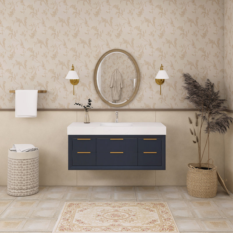 Meuble-lavabo mural simple 48 po avec plateau en marbre, Bleu
