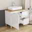 Ensemble de meuble-lavabo moderne de 31,5 po avec lavabo combiné, 1 porte et 2 grands tiroirs, système de fermeture en douceur, conception sans poignée, comptoir et pieds en bois massif naturel, lavabo carré en céramique sur le comptoir, blanc brillant