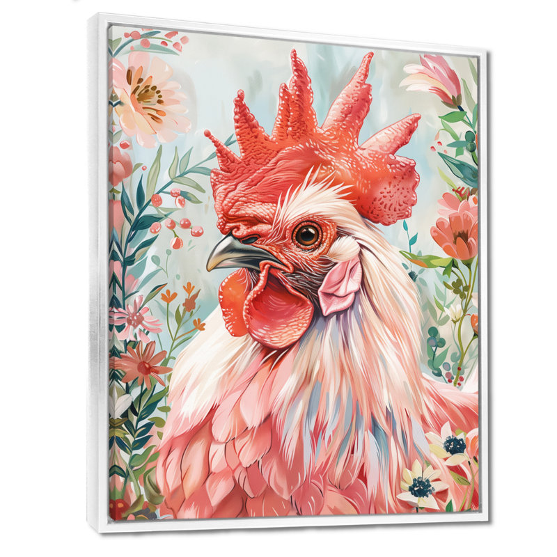 «Red Green Rooster Gardens I», reproduction d'art mural coq, H 24 po x l 32 po, Encadrement argenté