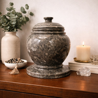 Decorative Marble Urn With Lid, Oceanic Gray, 10.5" H X 8.5" W, 16.85 Lbs