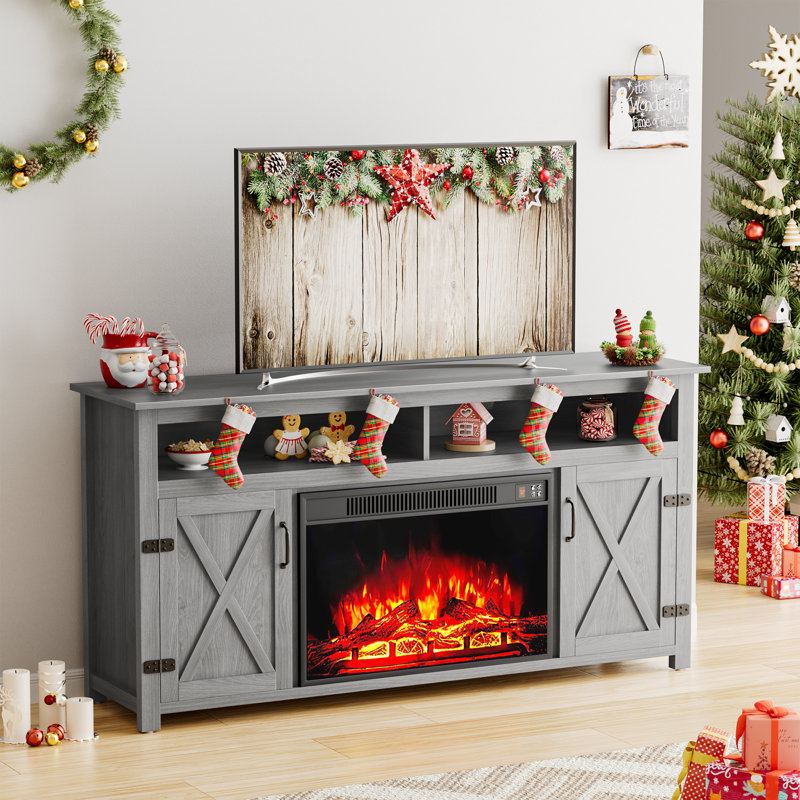TV Stand For TVs Up To 65" With Electric Fireplace Included, Grey Wash