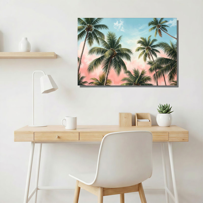 Art sur toile, cocotiers contre ciel rose, H 12 po x l 18 po