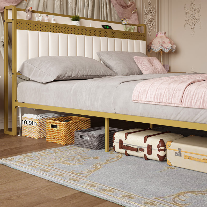 Marinda King LED Bed Frame, Charging Station, Soft Storage Headboard, Gold Platform Bed Frame, Or/beige, Très grand