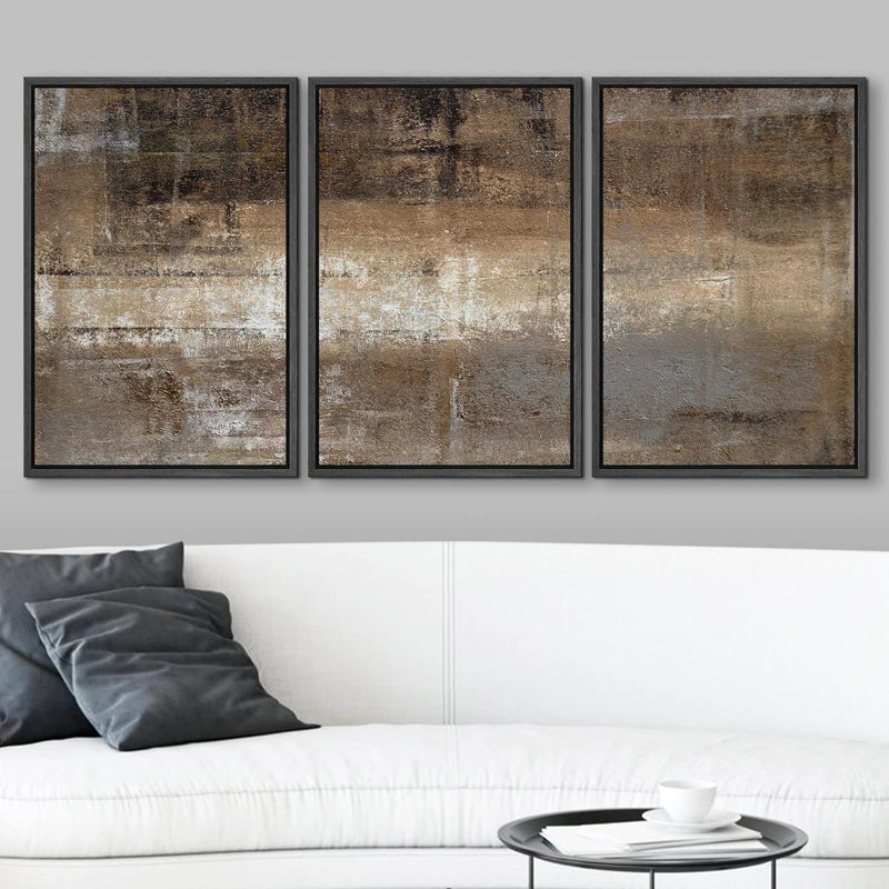 «Bown And White Faded Grunge Color Field Abstract Shapes Modern Art Chic Ultra on Canvas», reproduction de 3 pièces