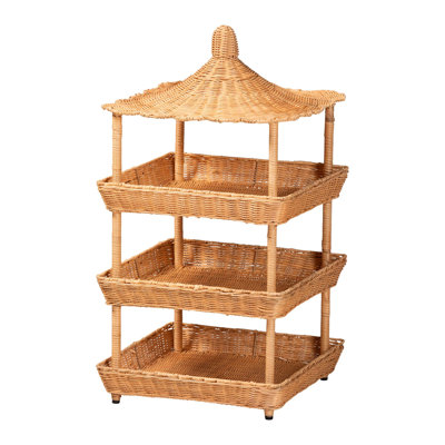 Étagère à trois niveaux en rotin naturel bali et pari Asante avec plateau en forme de pagode