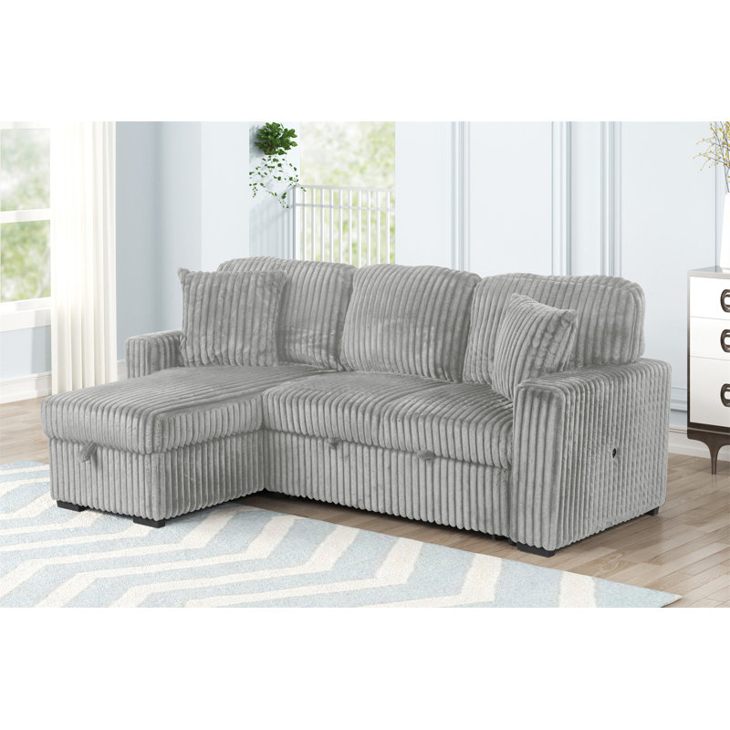 Plush Sectional Sofa W/ Pull Out Sleeper Made With Velvet Fabric- Gray, Gray Velvet