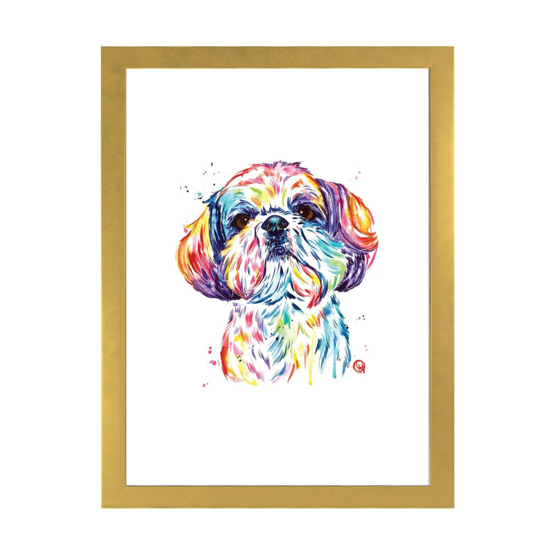 «Kiki the Shih Tzu» par Lisa Whitehouse - impression d'art graphique, H 24 po x l 16 po x P 1 po, Papier encadré doré, Blanc