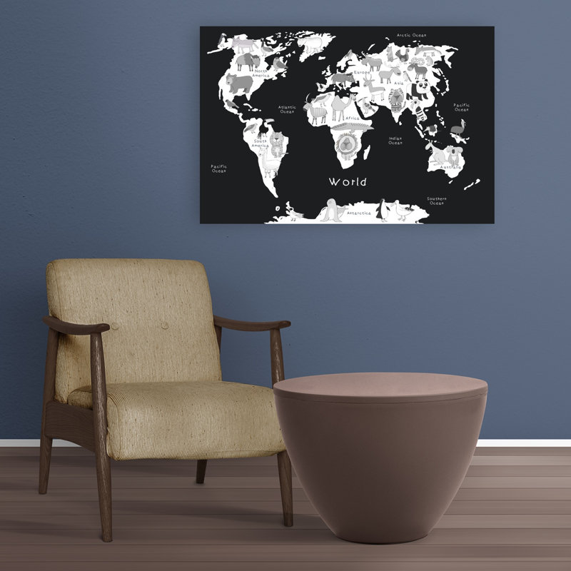 «World Animal Map», ours contemporain, éléphant, koala, faune, impression murale, H 24 po x l 36 po