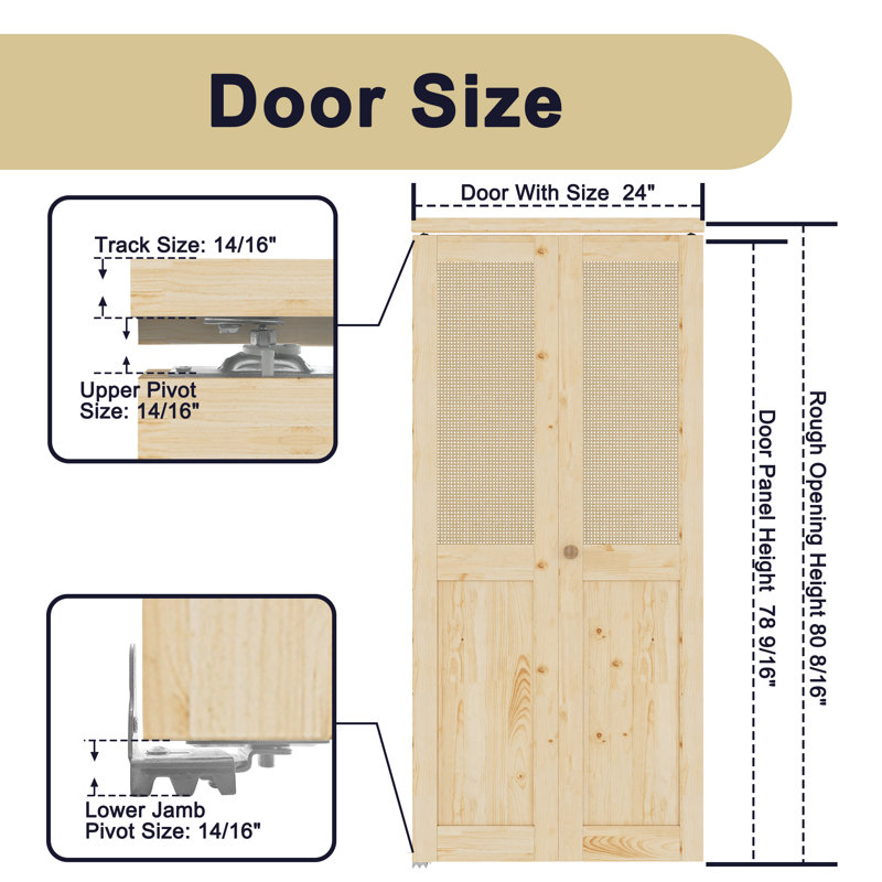 Porte pliante en bois non fini lambrissé et imitation rotin tissé à la main avec quincaillerie, 24 po x 80 po