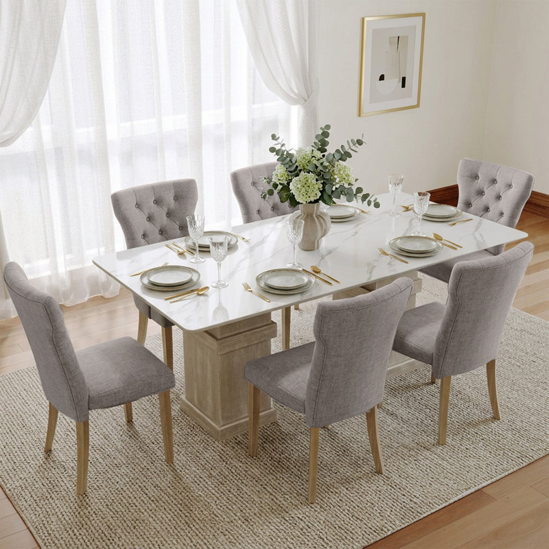 Ensemble de table de salle à manger 7 pièces avec plateau en faux marbre et chaises d'appoint rembourrées