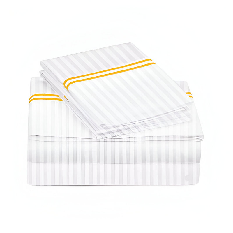 400TC Double Embroidery Sateen Stripe Cotton 4 Piece Sheet Set Fitted Sheet Fits Upto 16" Deep Pocket, Gold/White