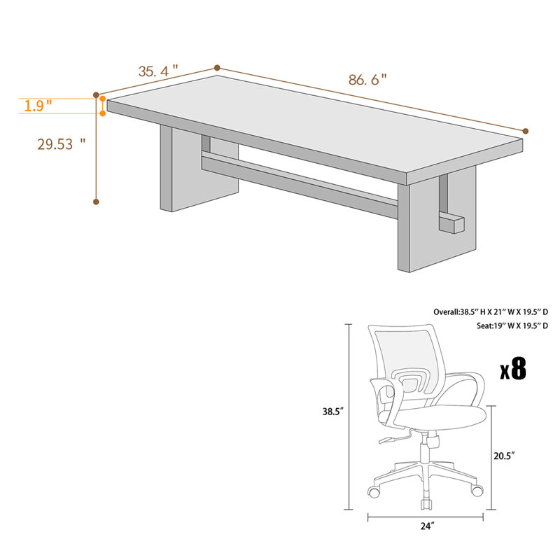 Table de conférence industrielle en bois massif avec 8 chaises de bureau ergonomiques en filet