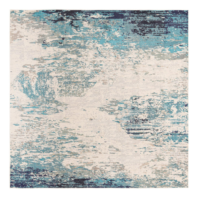 Tapis abstrait beige / bleu, Carré 9 pi 10 po