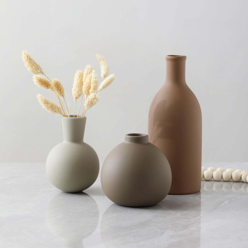 Rustic Farmhouse Ceramic Vase Set Of 3, Brown/Gray