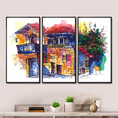 Cityview of Old Europe Village II - ensemble d'art moderne encadré sur toile Mid-Century