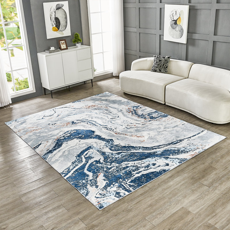 Kasperitis Non-Slip Machine Washable Abstract Area Rug in Blue/White/Grey for Living Room, Bedroom, Hallway Runner Indoor Rugs