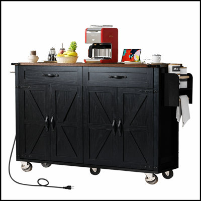 Charming Farmhouse Kitchen Island with Versatile Storage and Power Options, Perfect for Rustic and Organized Cooking Spaces.