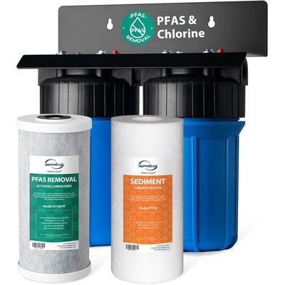 Système de filtration d'eau pour toute la maison iSpring, testé pour éliminer jusqu'à 99% des SPFA, filtration en 2 étapes pour réduire les sédiments, le chlore, les produits chimiques, le goût et les odeurs, filtres de 10 pouces, modèle entrée / sortie de 1 po: WGB21B-PF