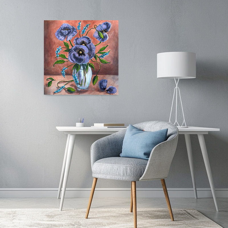 Art contemporain contemporain coloré, coquelicot, fleur violette, nature, H 24 po x l 24 po
