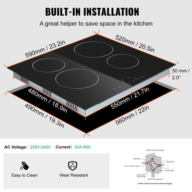 Plaque de cuisson électrique intégrée, 2 brûleurs 20 x 11,6 pouces, surface de cuisson rayonnante en verre 240V, 220 V