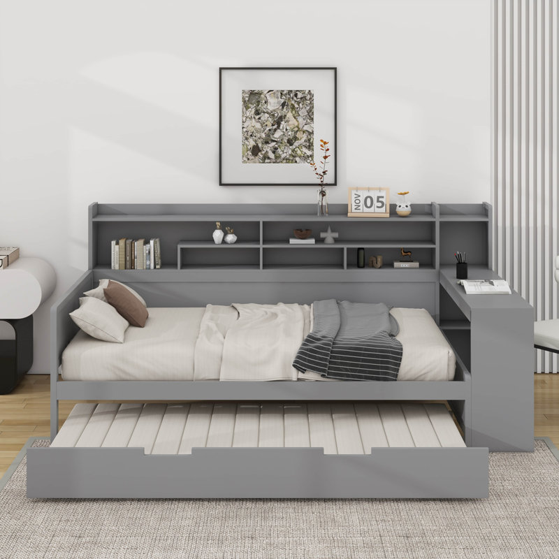 Lit de jour en bois avec tablettes de rangement, lit multifonctionnel avec deux tiroirs de rangement et bureau d'étude