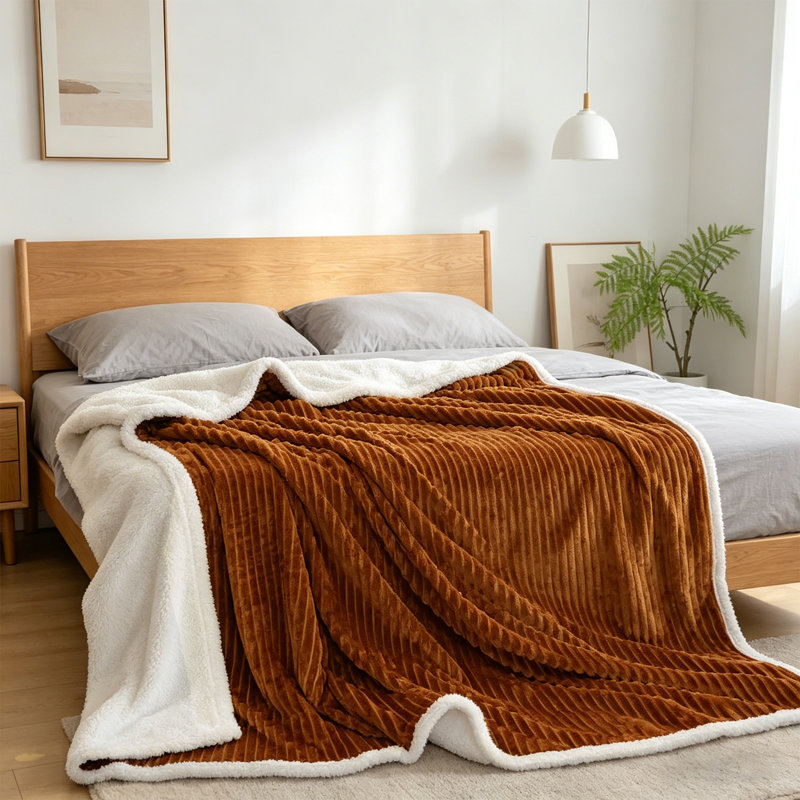 Striped Flannel & Sherpa Large Size Throw Blanket, Soft & Cozy Warm Blanket for Bed, 220 X 240CM, Brown