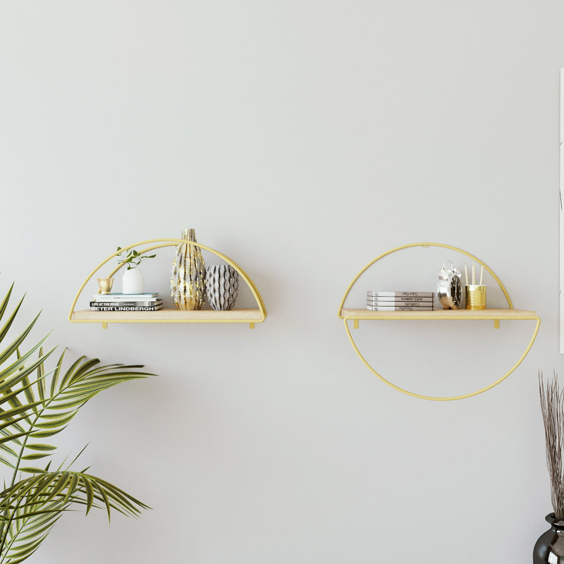 Colesen Elegant Wall Shelf Set (2 Pieces), Gold & Oak Finish, 11.8 x 17.7 x 5.9 inches | 100% Melamine Coated Particle Board, Durable Electrostatic Powder Coated Metal Legs | Stylish Storage Solution for Home Decor