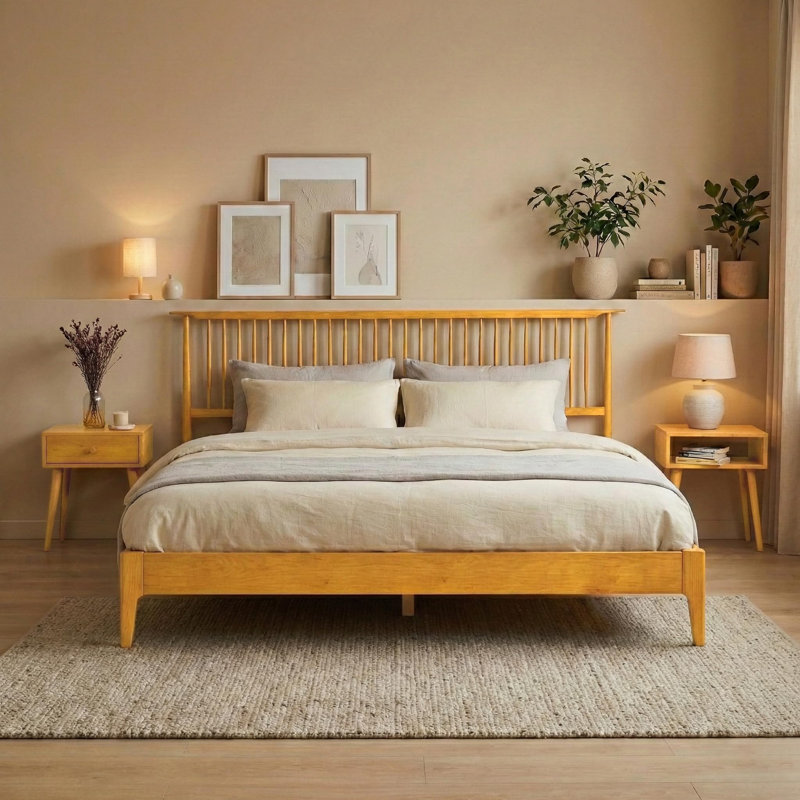 NTC Ruby Solid Wood Bed Frame with Spindle Headboard and Silent Slats, Bed Frame, Rustic Oak, Queen