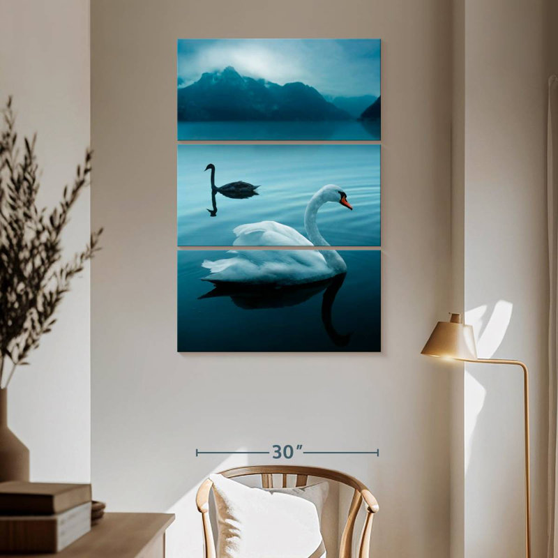 Cygnes Brampt dans le lac foncé, H 65 po x l 42 po