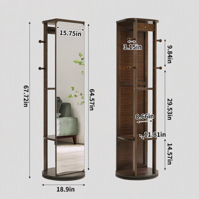 Armoire à miroir pleine grandeur en bois d'hévéa massif, armoire à bijoux autoportante avec crochets et tablettes multifonctionnels pour la chambre à coucher et le placard