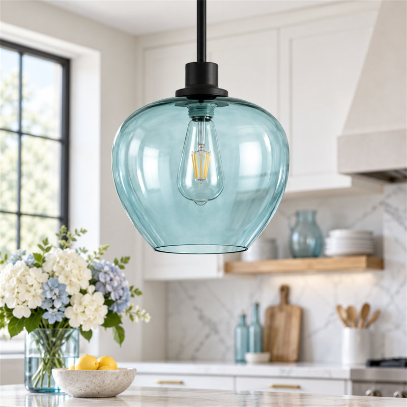 Suspension en verre en forme de pomme, 1 lumière, 23 cm (9,06 po), pour îlot de cuisine, Light Blue