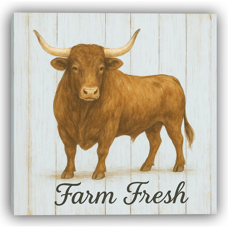 «Farm Fresh - Bull Farmhouse», art mural sur toile rustique, H 12 po x l 12 po