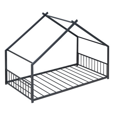 Lit simple en métal noir avec toit de maison de jeu et structure stable