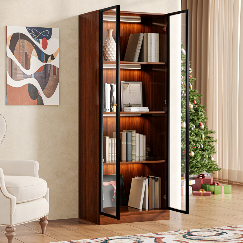 Walnut Finish Glass Display Cabinet with Shelves for Collectibles, 4-Tier Wood Curio Cabinet with Storage and Glass Doors, Mid Century Modern Hutch Cabinet for Living Room and Kitchen, Brown 