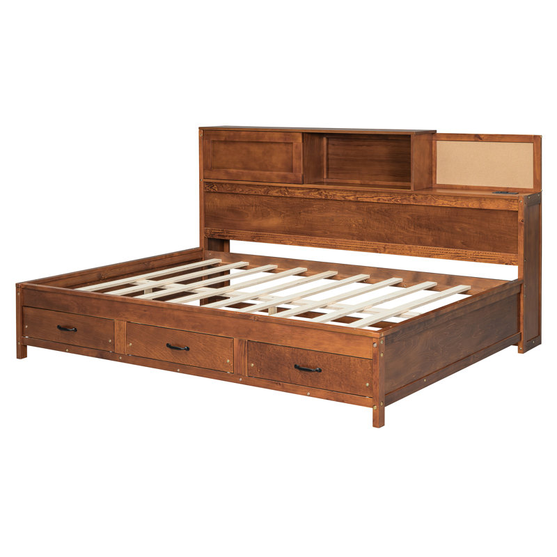 Full Size Wooden Daybed In Walnut Hue With 3 Storage Drawers, Board And Sockets For Relaxing Time Of Finish Soft Top Personal