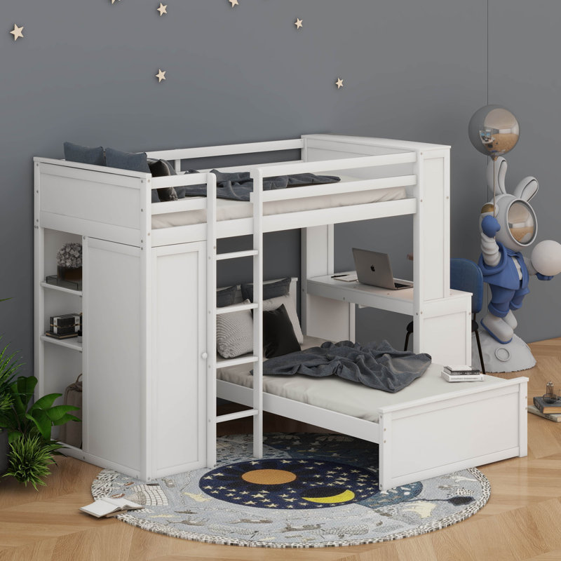 Lit mezzanine simple avec lit autonome, tablettes, bureau et garde-robe