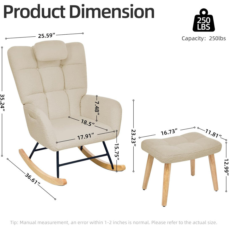Chaise berçante de chambre de bébé, chaise berçante berçante confortable avec dossier haut et dossier rembourré, Tan, Tan