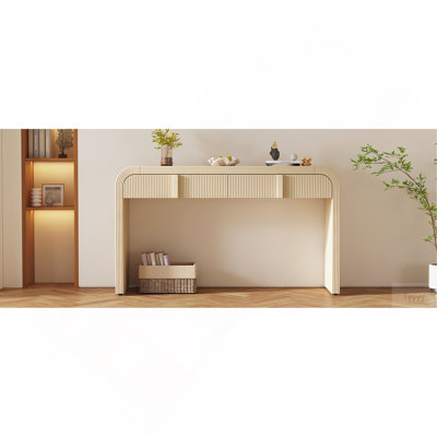 Console moderne avec 2 tiroirs de rangement, table d'entrée cannelée à silhouette arrondie pour le couloir du salon et du vestibule (crème abricot)