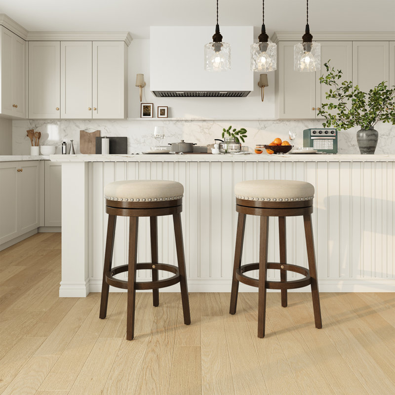 Upholstered Swivel Solid Wood Frame Bar Stool, Beige, Bar Stool (31" Seat Height)