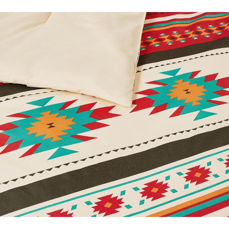 Microfiber Multicolor Southwestern Tribal Aztec Comforter Set, King Comforter + 2 King Shams, Cream/Red/Teal/Orange