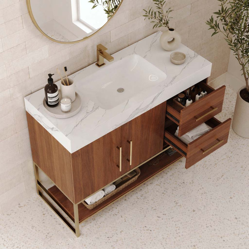 Meuble-lavabo moderne de 36 po avec lavabo, comptoir en pierre frittée et lavabo en céramique, armoire de rangement en bois imperméable avec pieds de support en acier inoxydable